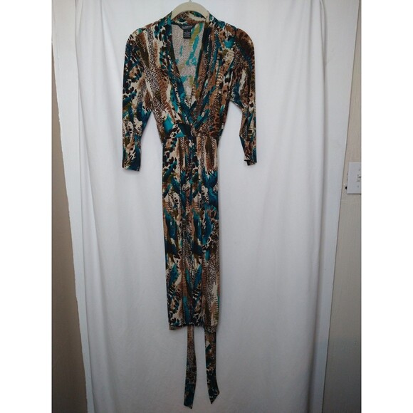 Glamour Womens 3/4 Sleeve Dress Size 12 belt/tie animal leopard cheetah stretch - Picture 2 of 10